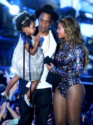Jay Z, Beyonce, and Blue Ivy on stage at the VMAs